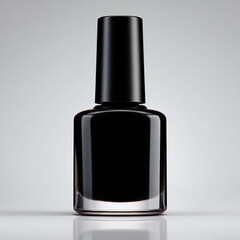 Obraz premium Sleek, minimalistic black nail polish bottle stands elegantly against soft gray background, showcasing its luxurious design and glossy finish. bottle clean lines and modern aesthetic evoke sense