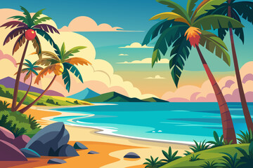 Tropical beach paradise with palm trees turquoise water and colorful sky