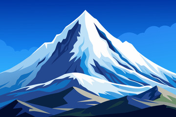 Stylized Mountain Landscape Illustration with Snow Capped Peak and Blue Sky