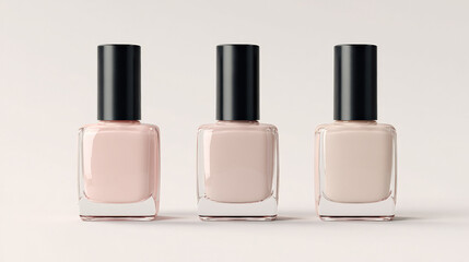 Minimal luxury nail polish bottles in soft shades of pink and beige, elegantly arranged on neutral background, evoke sense of sophistication and beauty