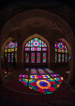 The prayer hall of Nasir ol Molk mosque with its coloured glass windows, Fars Province, Shiraz, Iran