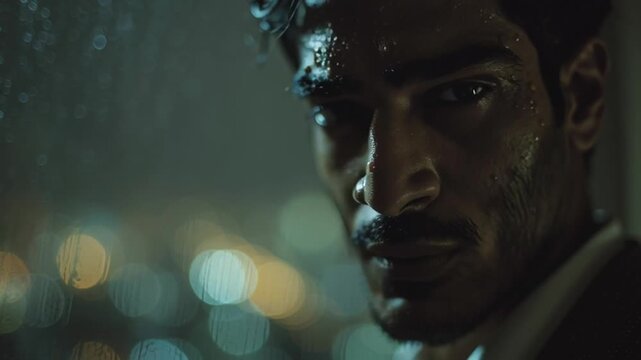 A slow deliberate push-in on Professor Patils face as he stands in his hotel room looking out at the Mumbai rain