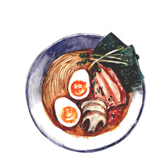 Hand drawn watercolor food illustration. Asian cuisine dish. Ramen soup with noodles, meet, seaweed, eggs.