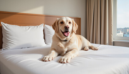 Golden retriever on hotel bed – Emotional support animal, pet-friendly accommodations