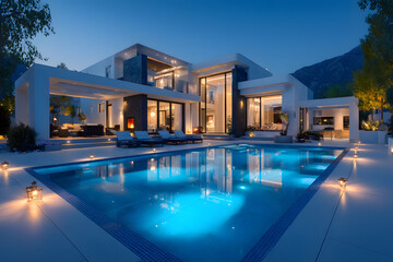 Modern luxury home exterior with swimming pool at dusk