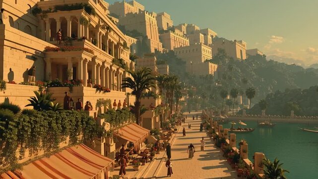 ancient Babylon city at dawn golden morning light hanging gardens visible in the background bustling clay street with people setting up stalls cinematic wide shot warm color grading soft shadows mist - Powered by Adobe