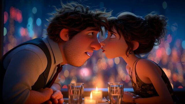 cinematic film still intimate close-up of a man _Alex_ and a woman on a romantic dinner date he is gently leaning in to kiss her their faces are close both of their eyes are closed illuminated by the