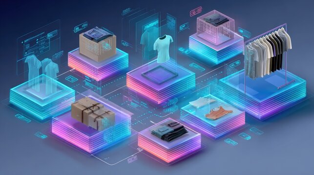 Digital commerce setup with holographic shopping icons and transaction layers