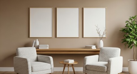 Fototapeta premium Stylishly Designed Living Room Featuring Elegant Armchairs, Minimalist Decor, and Warm Tones