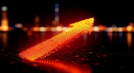 Glowing Orange Arrow Formed by Dots Rising Against Blurred City Lights at Night upward growth