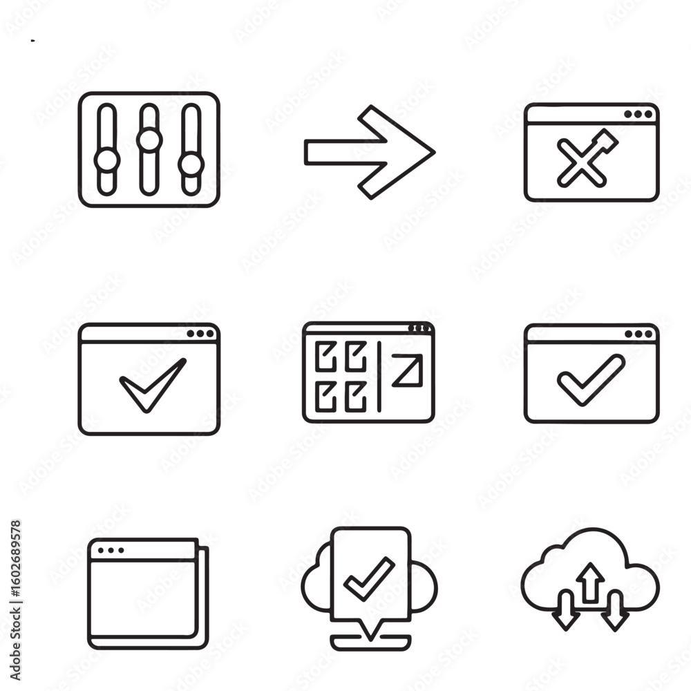 Poster collection of minimalist black and white line art icons representing software and interface function