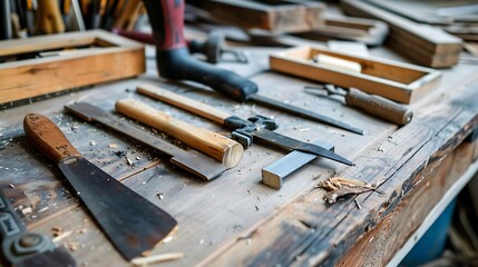Artisan Tools and Materials on a Wooden Workbench Ready for Crafting