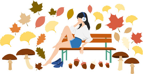 秋に音楽を聴く女性のイラスト