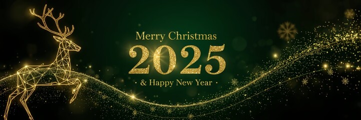 Christmas themed background and banner with golden reindeer and snowflake wave, Merry Christmas 2025 and Happy New year