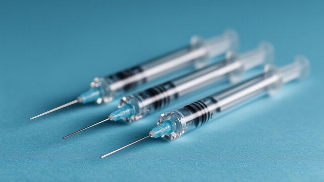 This Three syringes with clear liquid on a blue background highlight modern medical treatments.