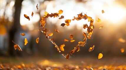 Minimalistic heart shape formed by spinning autumn leaves at sunset with detailed textures