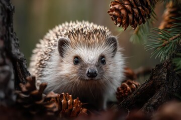 Fototapeta premium Hedgehog displays a shy expression among pine cones and trees in a serene forest setting during the early morning hours