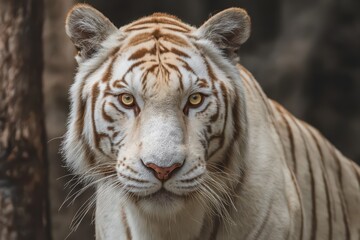 Fototapeta premium White tiger proudly displaying a look of triumph in a natural habitat during daylight hours, showcasing its striking features and majestic presence