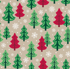 Modern Christmas Tree Seamless Pattern with Snowflakes on Natural Background, christmas scrapbooking- Christmas Tree Vector Illustration