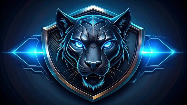 A stylized panther head with glowing eyes on a shield design