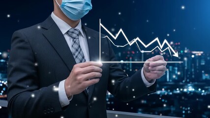 Businessman Wearing Face Mask Analyzing Falling Stock Market Chart Over City Skyline: Financial Crisis, Economic Downturn, Investment Loss Concept - Powered by Adobe