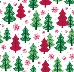 Modern Christmas Tree Seamless Pattern with Snowflakes on White Background, christmas scrapbooking- Christmas Tree Vector Illustration