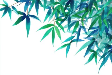 Watercolor bamboo leaves cluster on white background, natural green and blue hues with soft texture and organic movement. Tranquil simplicity and artistic ethereal concept.