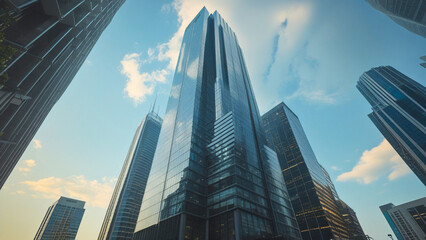 towering skyscraper rises with an air of modern elegance. The building, made of glass and steel, reflects the bustling city below.	
