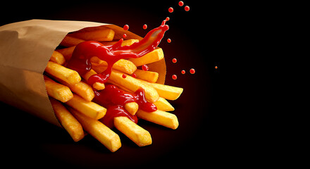 Golden French Fries spilling from brown paper bag with red ketchup splash chips potato