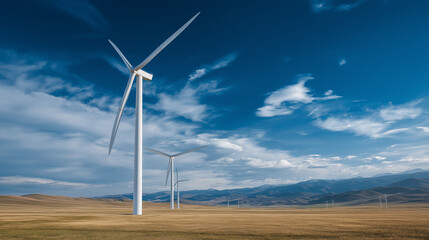 Wind turbines on a grassy plain under clear blue sky, photorealistic HDR image