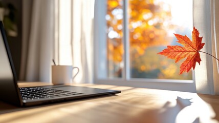 Minimalist home office corner with a single red leaf on laptop keyboard