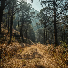 Obraz premium High-resolution stock photo of Devarayanadurga Forest, showing a sacred forest trail winding through dry trees and golden grass toward a rocky ridge, bathed in warm morning light.