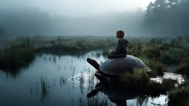 Gen Turbo rides a large turtle in misty wetlands as gentle ripples form in the calm water around glowing limbs