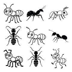 Ant Cute & Cartoon Vector Collection – Line Art Insect Clipart Set