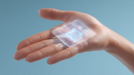 Medical sensor patch displayed with holographic UI for health tracking, placed on sterile blue background