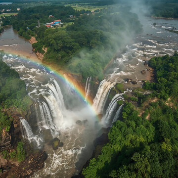 High-resolution aerial view of Chitrakote Falls in Chhattisgarh during monsoon, with vibrant rainbow in mist, lush greenery, and soft HDR effect, no people, raw and natural beauty captured.

