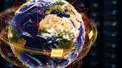 Global Network Security: Earth with Data Connections and Secure Labels in a Server Room - Powered by Adobe