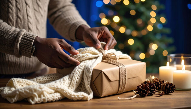 Person hands thoughtfully preparing holiday gift, carefully wrapping present with ribbon. festive Christmas atmosphere, filled with soft glowing lights and candles, evokes warm and joyful sense - Powered by Adobe