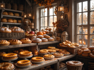 Cozy Bakery Interior with Autumn Display of Bread and Pastries