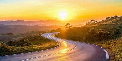 Scenic winding road during sunset on a summer day Generative AI