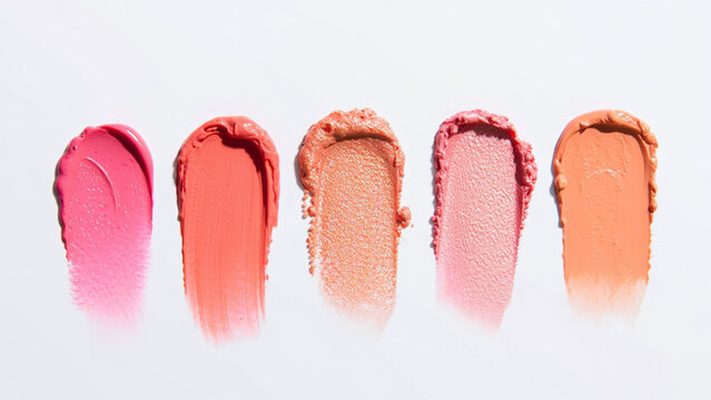 Five colorful makeup swatches on a white background
