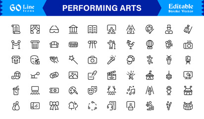 Performing Arts Professional Minimal line icon set – Modern outline symbols of theater masks, ballet shoes, music notes, stage curtains, orchestra, dance, drama