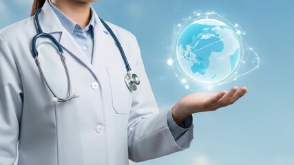Global Healthcare Innovation: Doctor Holding a Digital Globe Representing Worldwide Medical Technology, Research, and Global Health Solutions - Powered by Adobe