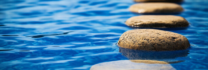 Step stones create a serene pathway across blue water Generative AI