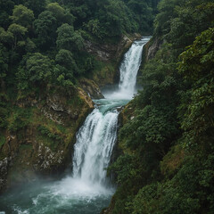 Fototapeta premium Majestic multi-tiered waterfall plunging 100 meters in a remote forest, surrounded by lush greenery and mist, capturing the power and hidden beauty of nature.