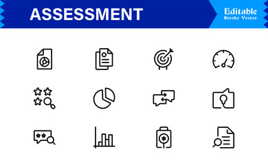 Comprehensive Assessment Icon Pack. Streamline Your Projects with High-Quality Evaluation, Audit, and Feedback Graphics.