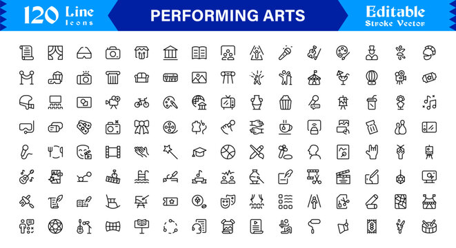 Performing Arts Professional Minimal line icon set – Modern outline symbols of theater masks, ballet shoes, music notes, stage curtains, orchestra, dance, drama