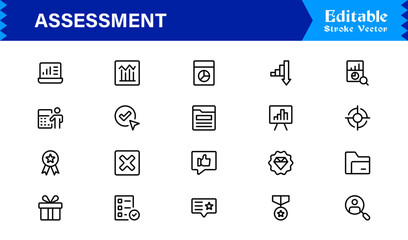 Comprehensive Assessment Icon Pack. Streamline Your Projects with High-Quality Evaluation, Audit, and Feedback Graphics.