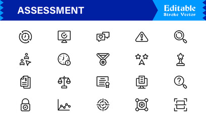 Comprehensive Assessment Icon Pack. Streamline Your Projects with High-Quality Evaluation, Audit, and Feedback Graphics.