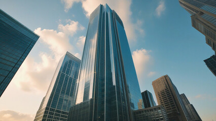 towering skyscraper rises with an air of modern elegance. The building, made of glass and steel, reflects the bustling city below.	
